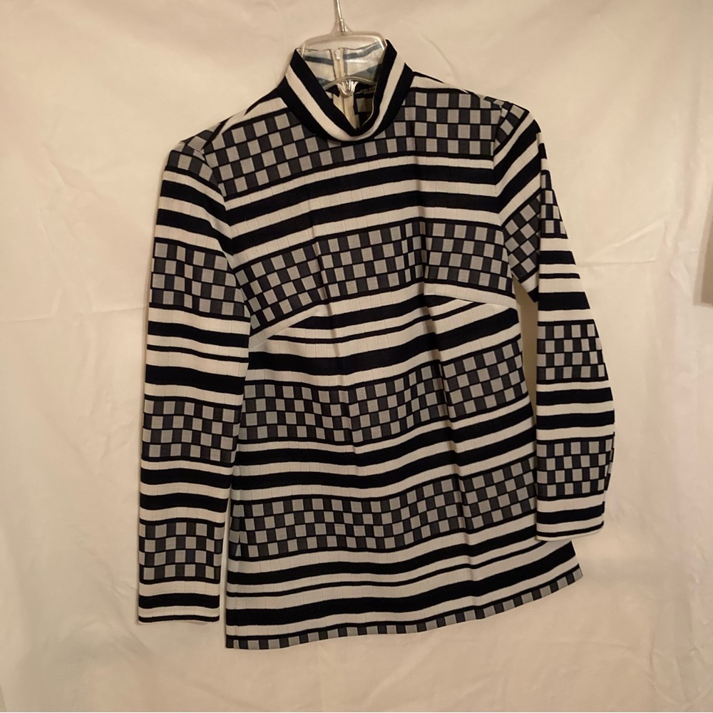 1970s Black & White striped checked top tunic Long Sleeve